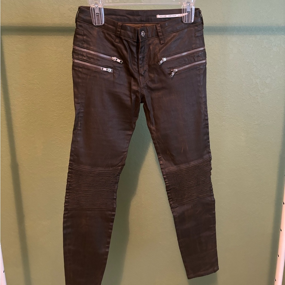 Zara Basic Denim Olive Green Zip Ankle Moto Skinny Jeans Pants size 4